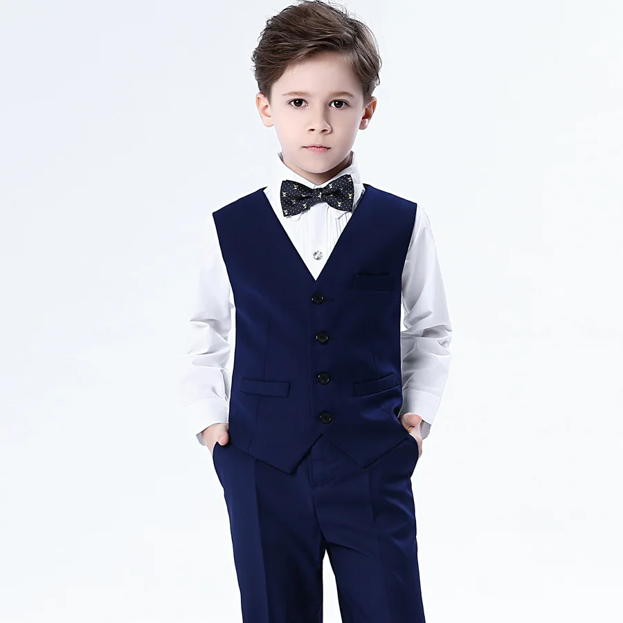 Navy Blue 4Pcs Брендовый деловой костюм с цветочным принтом для мальчиков Свадебная Студенческая сумка, платье джентльмен, детский жилет, рубашка, брюки, галстук-бабочка, 4 предмета, костюмы для церемонии - Цвет: Navy Blue 4Pcs