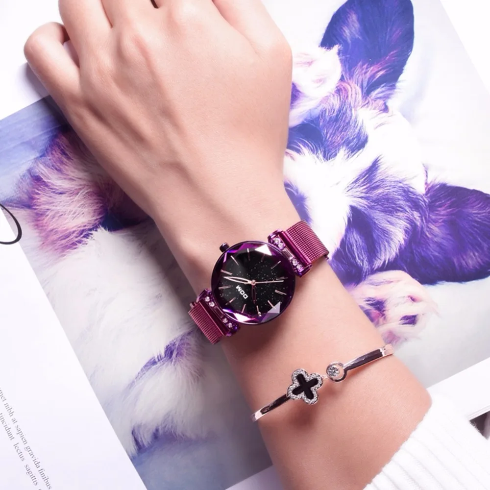 DOM роскошные женские часы из розового золота минимализм звездное небо пряжка