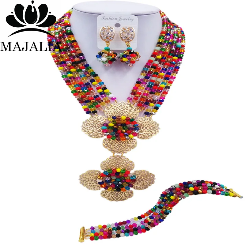 Majalia классический нигерийской свадьбы Африканский набор украшений Multicolors Кристалл Цепочки и ожерелья Невеста комплект ювелирных изделий 6cl018