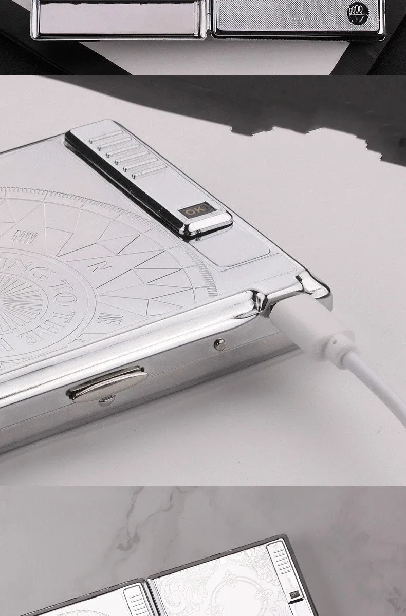  Metal Cigar Cigarette Case Box with Flameless Electronic Lighter Windproof Coil Lighters 20 pcs Cig