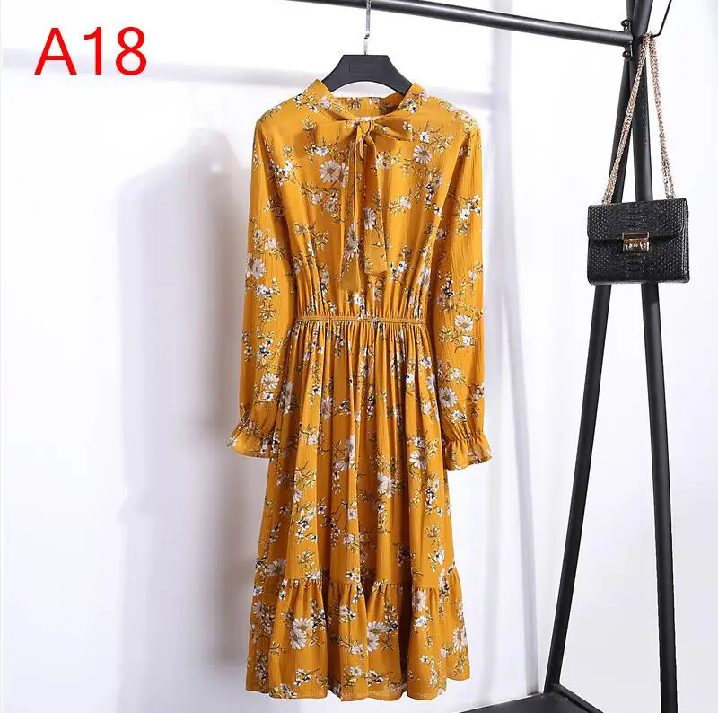 A18 Корейская черная рубашка Vestidos для офиса в горошек, винтажные осенние платья, женское платье Pring, миди платье с цветочным рисунком и длинным рукавом для женщин - Цвет: A18
