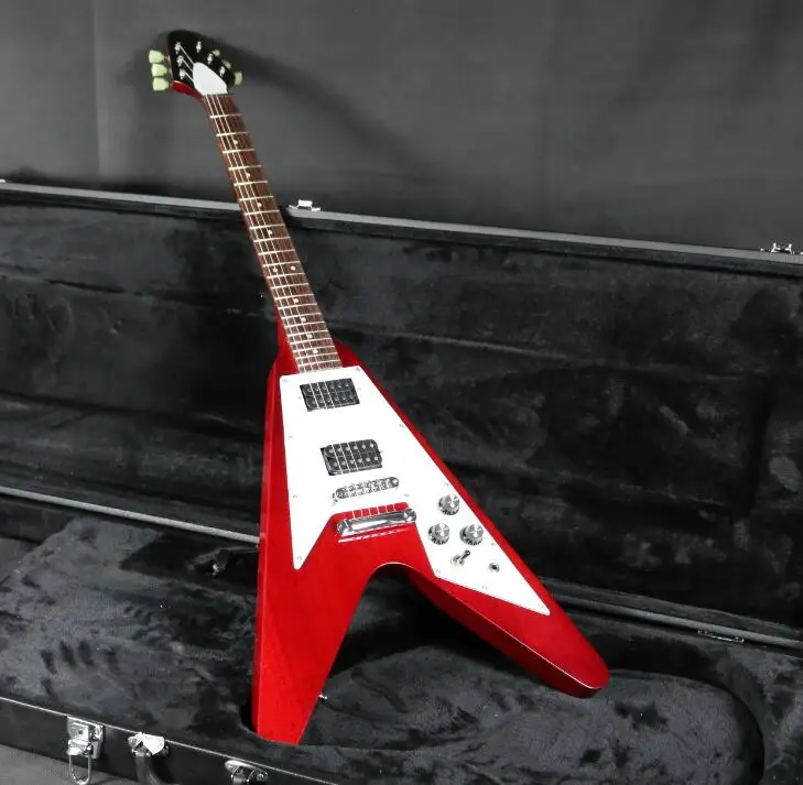 V Shape Electric Guitar Vintage Tuner Cherry Red Color White Pickguard