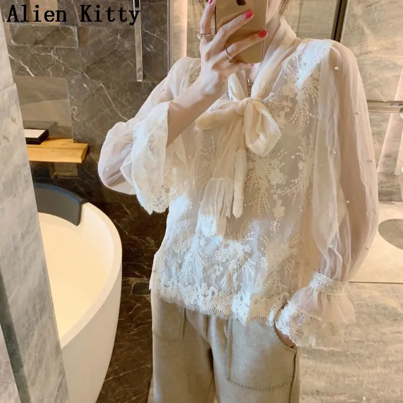 Alien Kitty Sexy Sweet Light Flare Sleeves Fresh Mesh простые кружевные цветочные элегантные с круглым вырезом повседневные женские свободные базовые рубашки 2