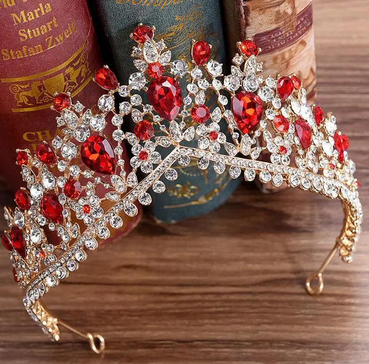 Gold Red Мода диадема розовое золото барокко зеленый кристалл тиары для женщин девочек повязка на голову свадебные аксессуары для волос - Окраска металла: Gold Red