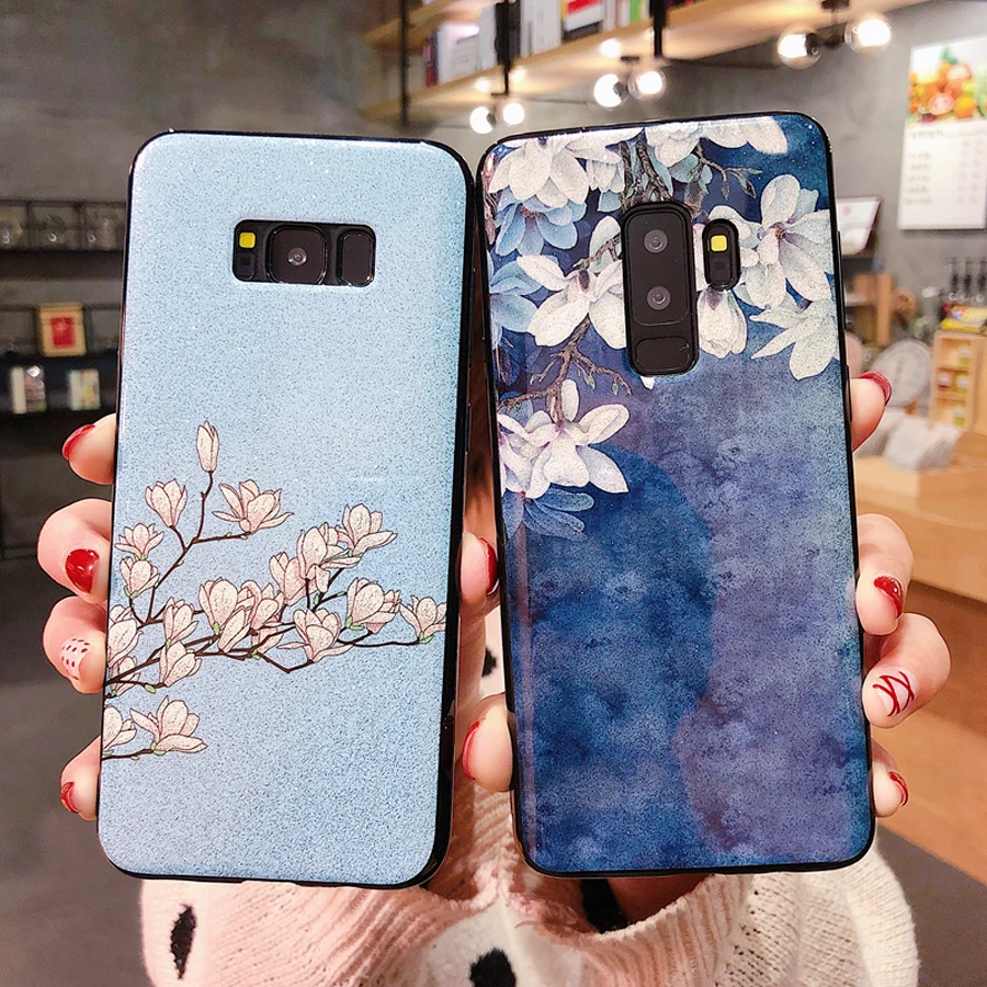 

case for samsung galaxy s8 s9 plus note 8 9 A6 plus A7 j4 j6 j2 pro 2018 j7 j5 j2 prime case cover glitter flower tpu+pc shell