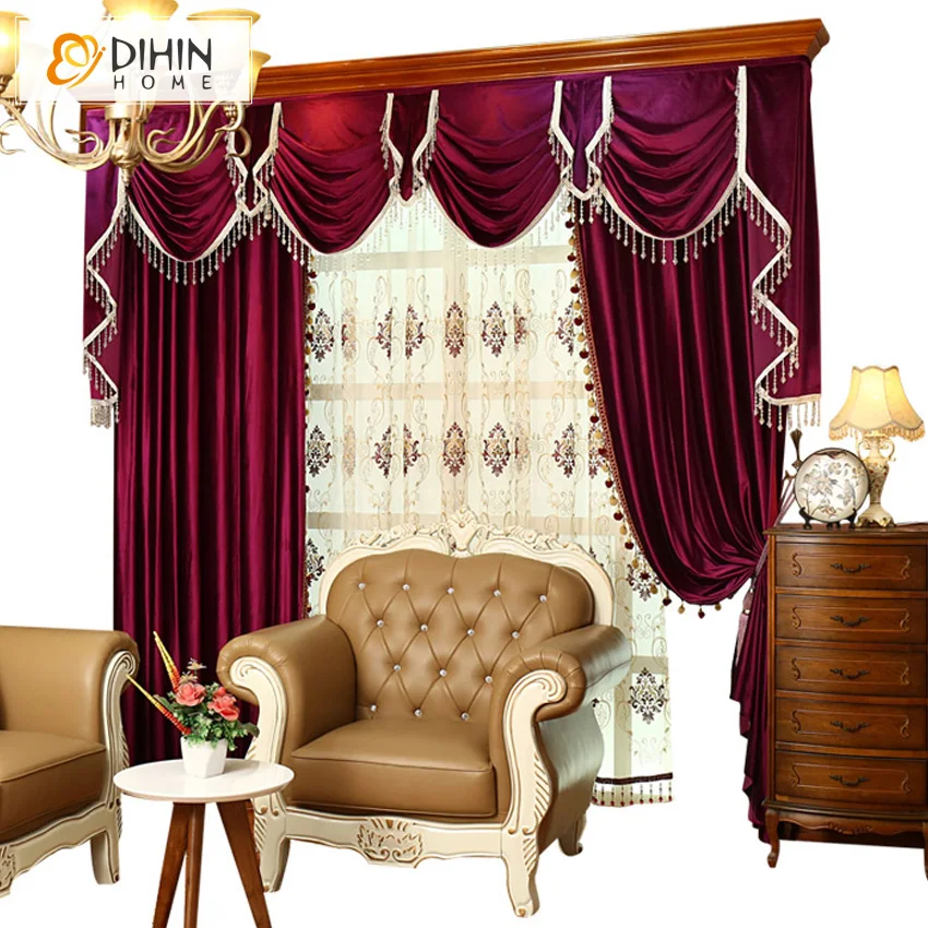 

European Luxury Italian Velvet Embroidered Valance Red Drapes Curtain Customization Cortina Blinds Lace Curtains For Living Room