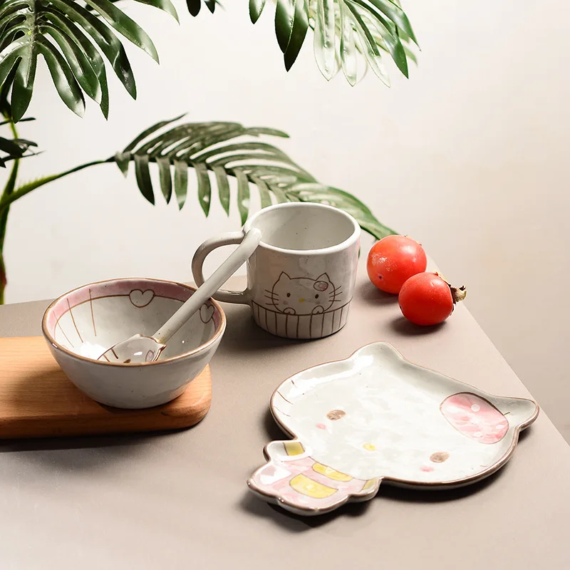 

Handpainted hello kitty coffee mugs bowl dish sets tableware dessert plates cups and mugs tableware