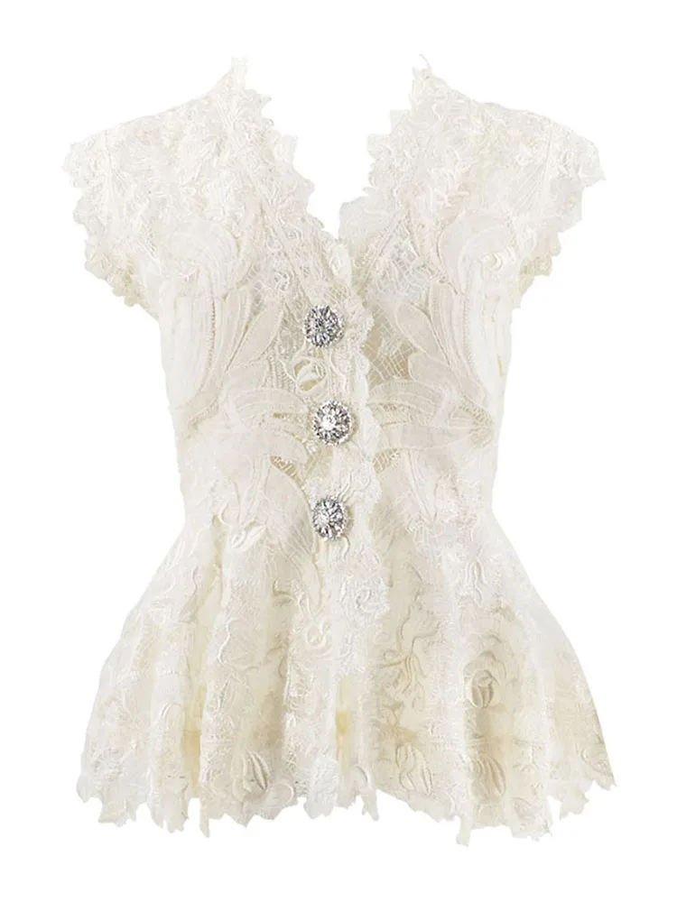 

Brand fashion women's Luxury Summer elegan Slim Stitching V-neck Diamond Buckle Openwork Lace Vest Top