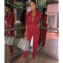 Fashion striped printed jumpsuits for women 2018 Half sleeve turn down collar long rompers womens jumpsuit Autumn new overalls