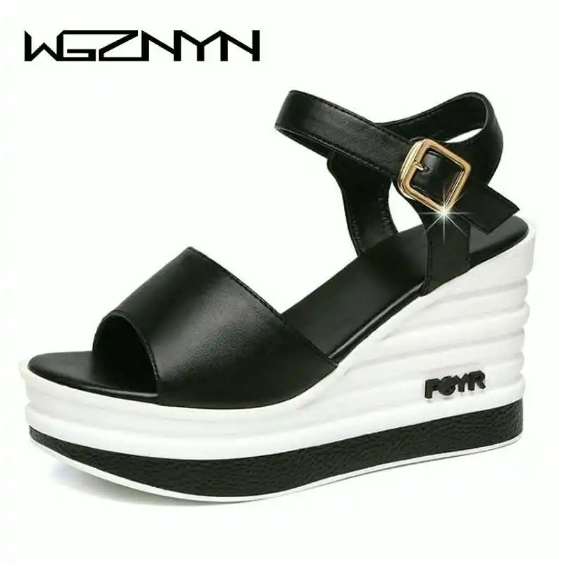 US $13.64 High Quality Summer Shoes Woman Sandals Leather High Heel Wedge Female Sandals Sponge Cake With Open Toe Thick Female Shoe W206