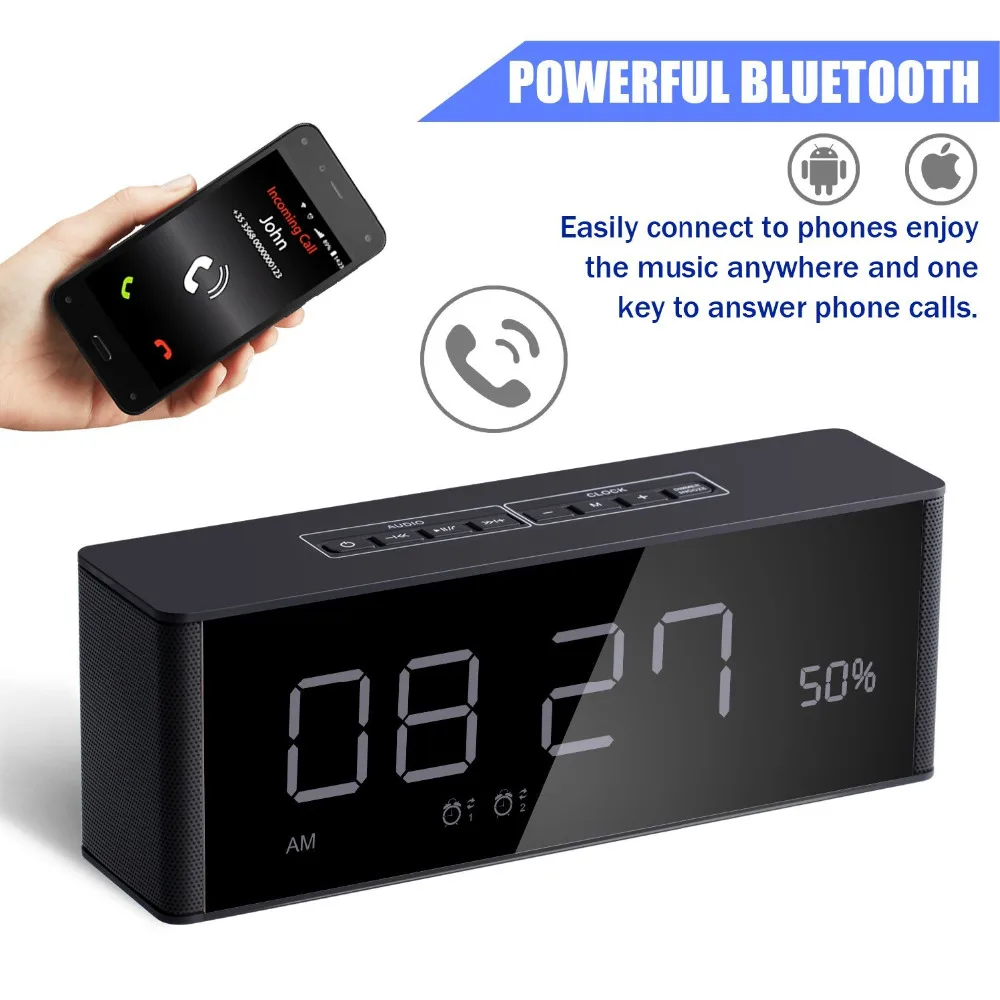 

Bluetooth Speaker with Alarm Clock and FM Radio/ LED Nightstand Clock, Large LED Dimmable Display-A Stereo Sound Speaker