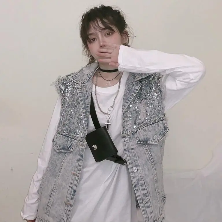 Fashion glittering Sequin loose sleeveless waistcoat women back broken hole denim back trendy r1381