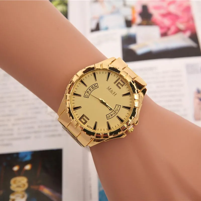 

2019 New Stainless Steel Sport Quartz wristwatch Gold Bracelet Big Dial Watch Golden clock relogio masculino erkek kol saati