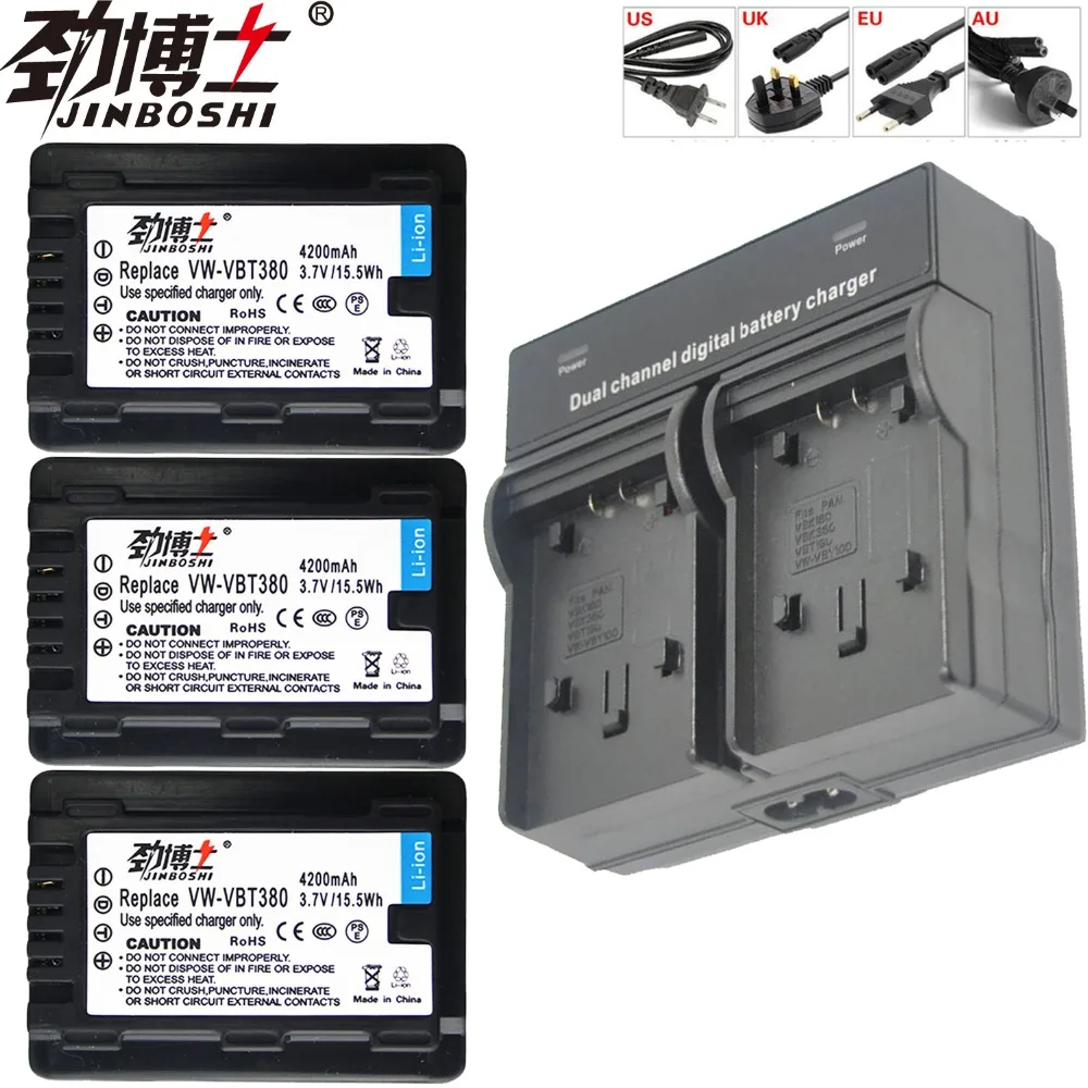 

3pcs/lots VW-VBT380 VW VBT380 vwvbt380 Camera Battery+Dual Channel Charger for Panasonic HC-V180GK HC-V380GK v380 HC-W580GK