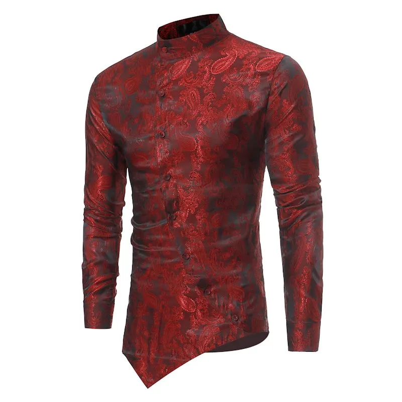 Floral Shirt Men 2018 Fashion Golden Foil Print Mens Dress Shirts Slim Fit Irregular Slant Button Design Chemise Homme