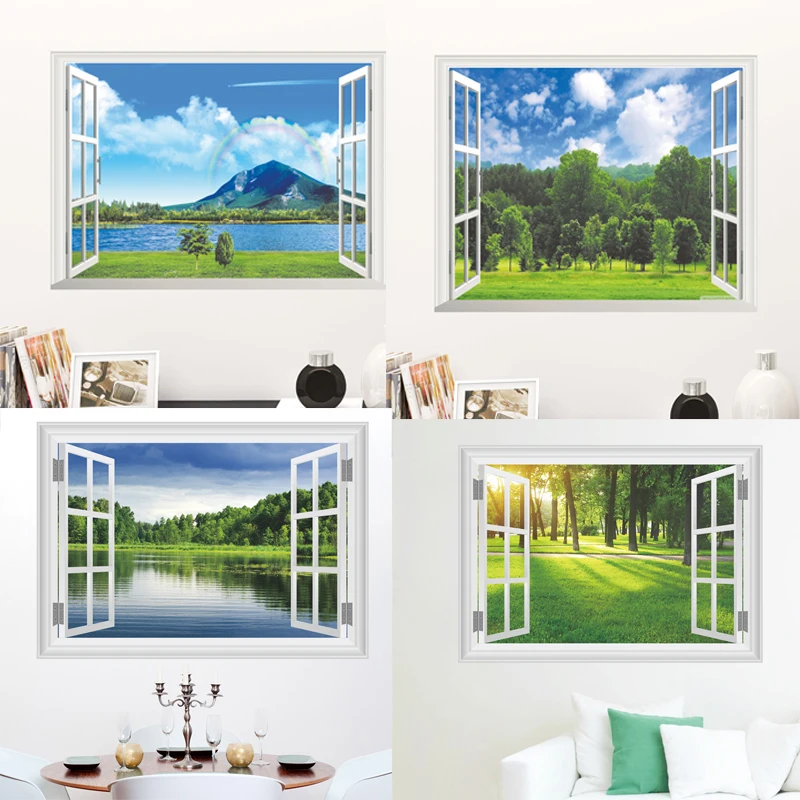 3d Window Forest Tree Lake Scenery Wall Stickers Bedroom Living Room Decorations Sticker Mural