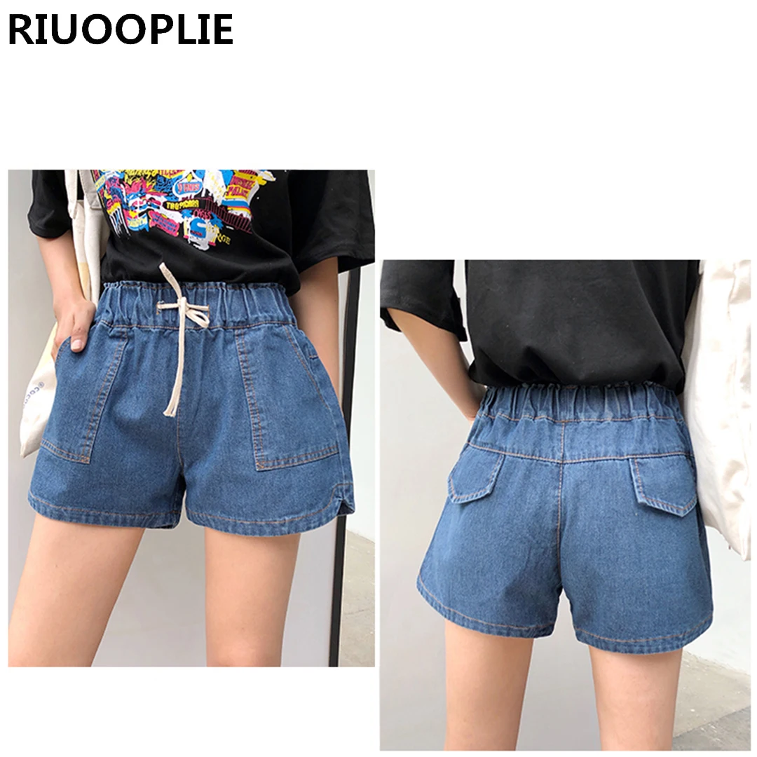 RIUOOPLIE Для женщин повседневные свободные с эластичным поясом и карманом широкие брюки джинсовые шорты плюс Размеры