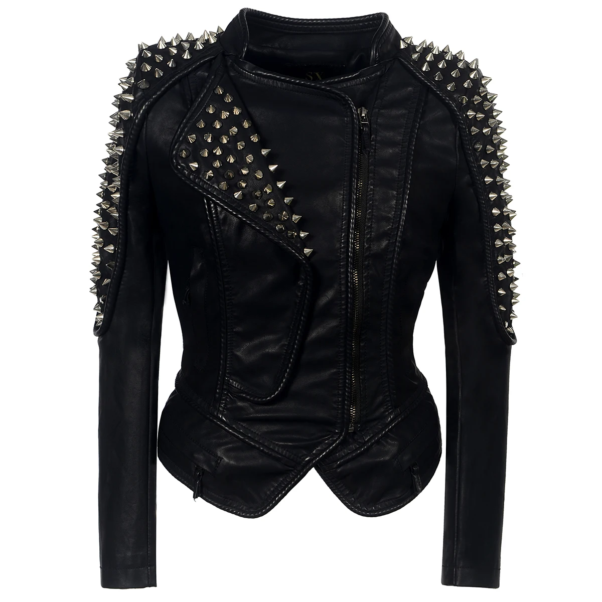 

Punk Rivet faux leather PU Jacket Women fashion rose Winter AutumnMotorcycle Jacket Black faux leather Coat Outerwear Punk