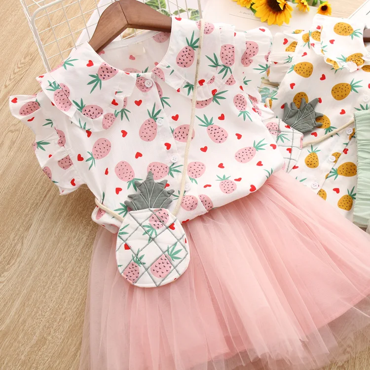 

5189 With Pineapple Bag Print Princess Summer Kid Baby Girl Clothing Set: T-shirt Top + Tutu Skirt Wholesale Baby Girls Clothes