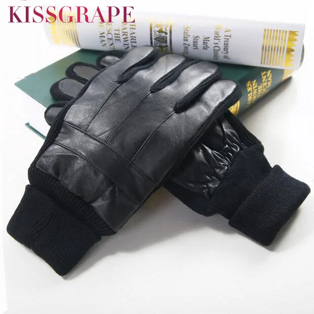 Winter Genuine leather Gloves for Men Warm gloves Knitted