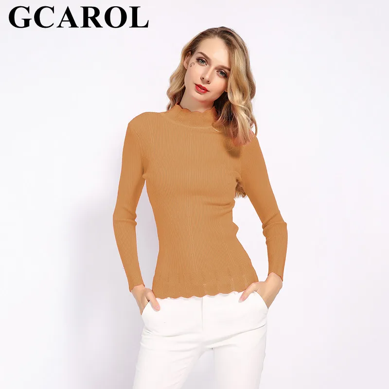 Женский свитер с оборками GCAROL, эластичный вязаный джемпер с воротником-стойкой в офисном стиле, размеры S-XL, пуловер на осень и зиму