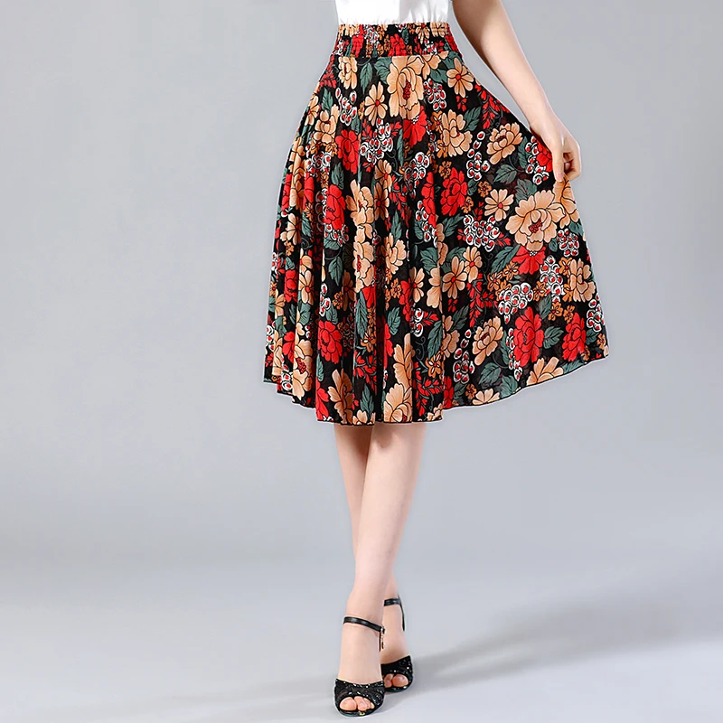 

New Women Pleated Skirt High Waist Elastic Plus Size Print Skirt Knee Length Pleated Skirts Womens Vintage Saia Midi Faldas