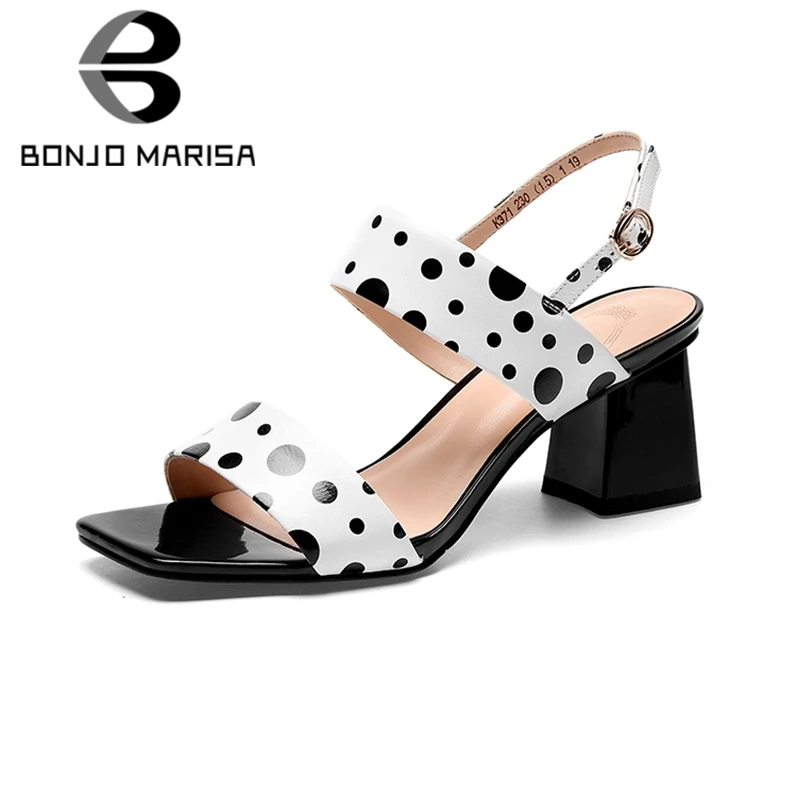 

BONJOMARISA 2020 Brand New Sweet Polka Pot Sandals Women Summer Cow Leather High Heels Square Toe Sandals Shoes Woman