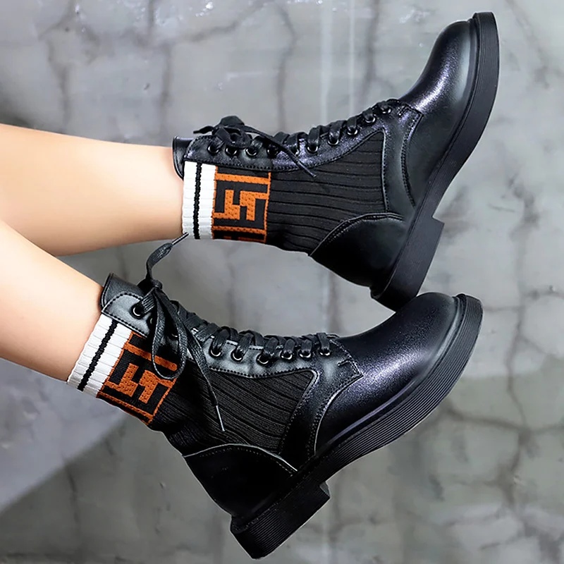 

Lace up ankle boots leather for women fashion boots non-slip wear resistant ladies shoes knitting 2018 hot spring/autumn