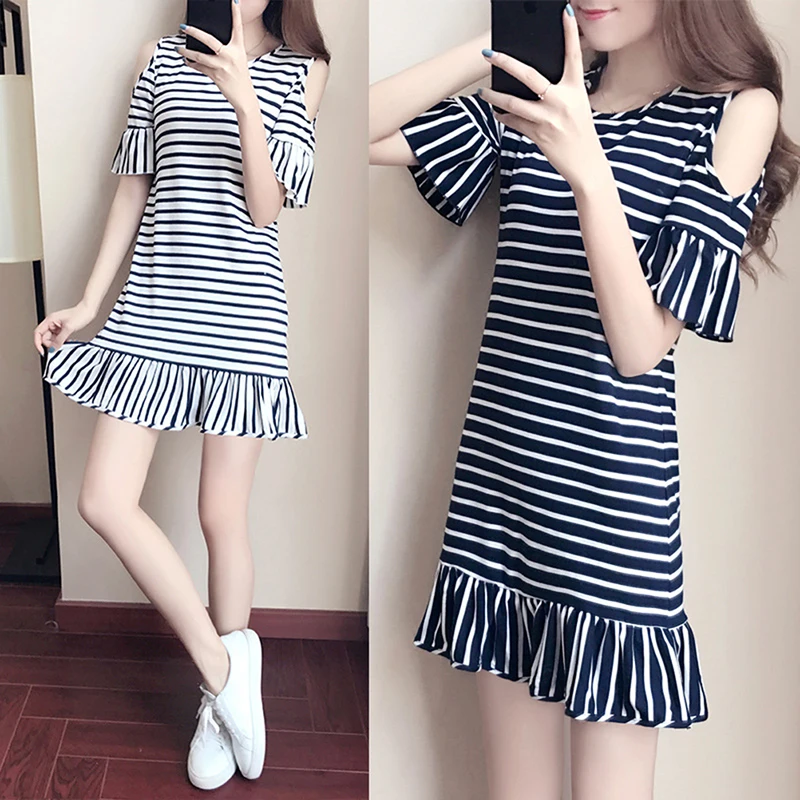 

Ruffle Women Dresses Sexy Off Shoulder Blue And White Striped Cute Dress Casual Summer Dress