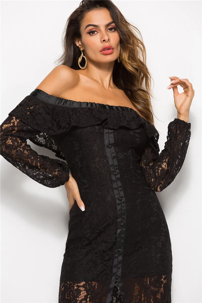 women autumn long sleeve slash neck lace dress-1