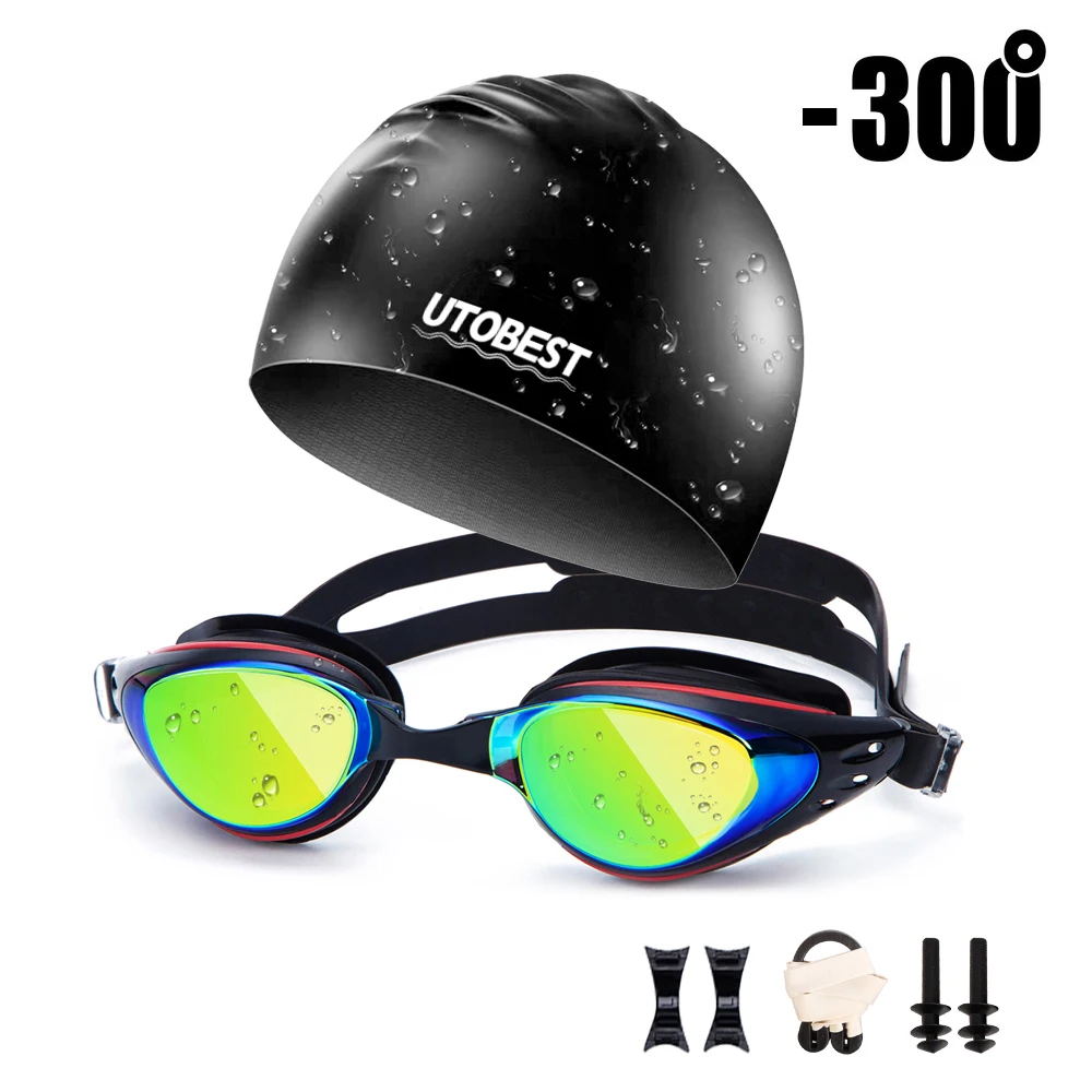 300 black set UTOBEST оптические очки для плавания Анти-туман мужские Плавание ming очки Защита от ультрафиолетовых лучей регулируемые близорукость Плавание очки Плавание ming кепки - Цвет: 300 black set