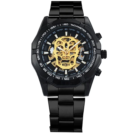 AUTO SKULL BLACK GLD Победитель Официальный Золотой автоматические часы для мужчин Стальной ремешок Скелет механические Череп часы лучший бренд класса люкс Прямая поставка - Цвет: AUTO SKULL BLACK GLD