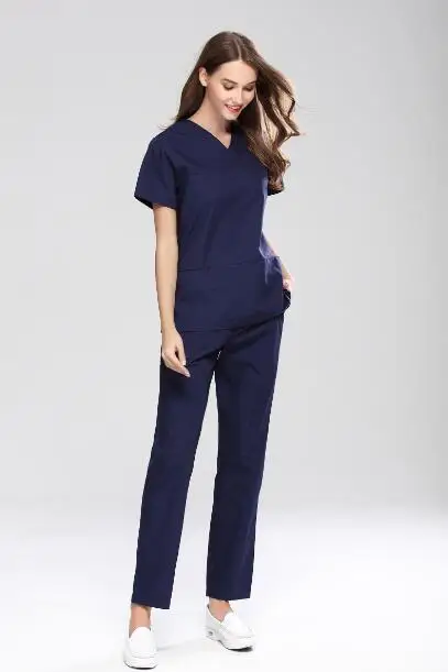 navy blue Женский костюм медика униформы с коротким рукавом, стоматологическая клиника, медицинская хирургическая одежда, костюм, больница, красота, спа, рабочий Халат - Цвет: navy blue