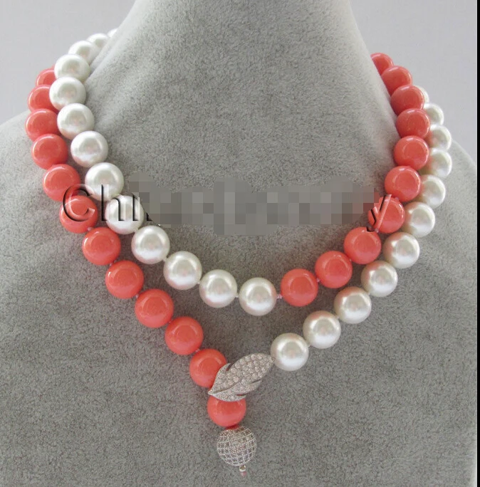 

fast 35" 12mm white + pink coral color perfect round south sea shell pearl necklace -