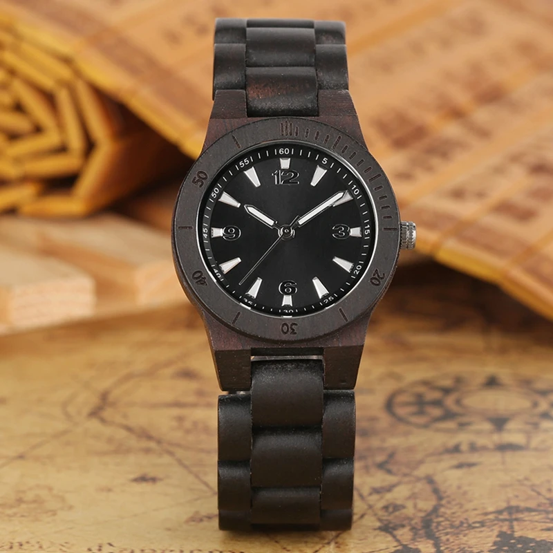 Top Luxury Wood Watch Women Mini Chic Dial Clock Woman Precise Scale Analog Handmade Ebony Wood Band Exquisite Quartz Wristwatch
