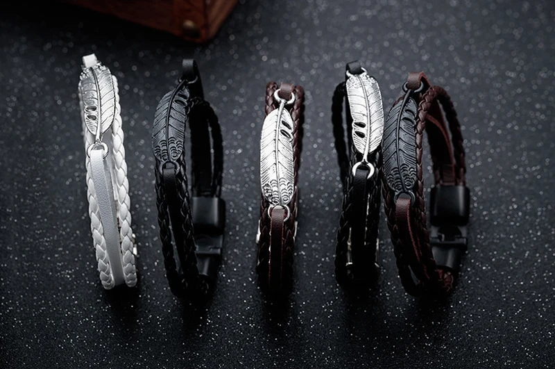 NIUYITID Feather Bracelet Man Leather Alloy Metal Charm Braslet For Men Handmade Friendship Bracelets & Bangles (2)