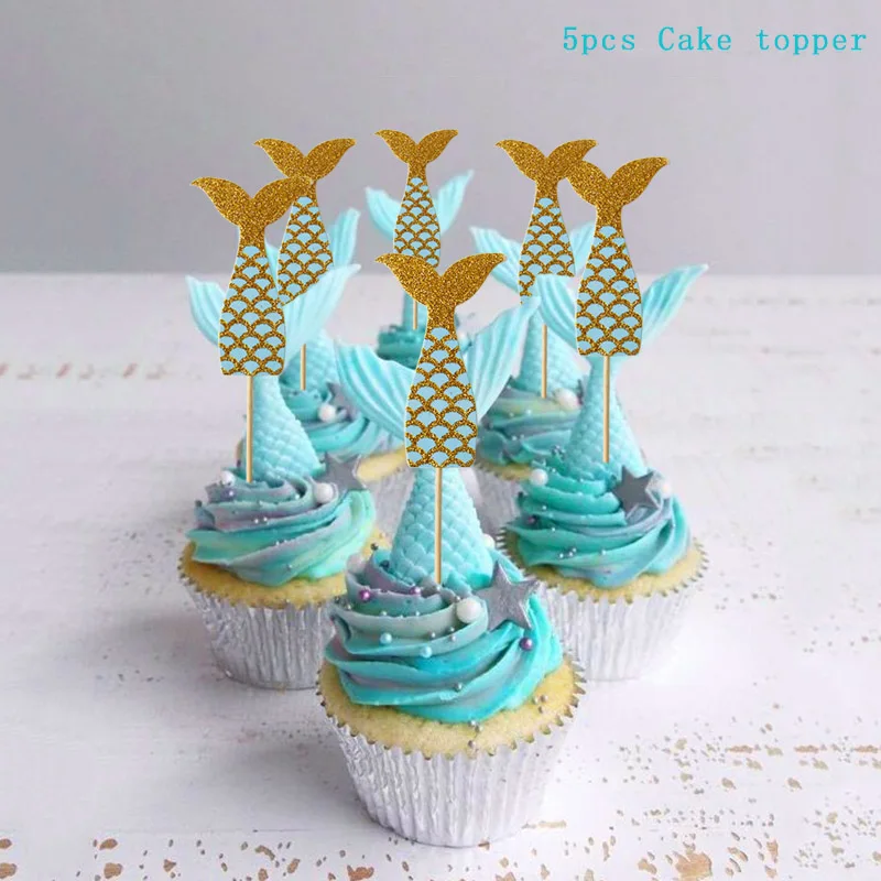 Cake toppers 5 Русалочка День Рождения украшения Русалка Вечерние одноразовые наборы посуды торт Топпер Baby Shower Girl 1st день рождения партии - Цвет: Cake toppers 5