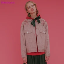 Новинка, женские осенние куртки, розовые джинсовые пальто, отложной воротник, полосатый бант, вышивка, карманы, женское повседневное пальто с длинным рукавом