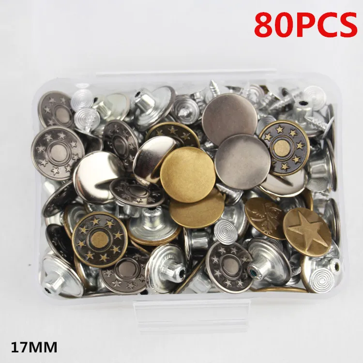 80pcs 17mm 8 Designs Mixed Jean Button Metal Brass Shank Button Clothes