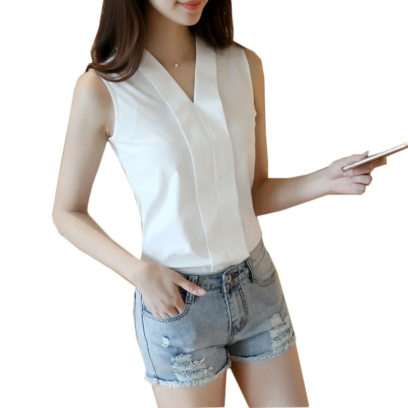 

2019 New Women summer sleeveless Chiffon Blouses Shirts white V Neck Casual Blusas Femininas Slim plus size 3XL 4XL Tops blouse