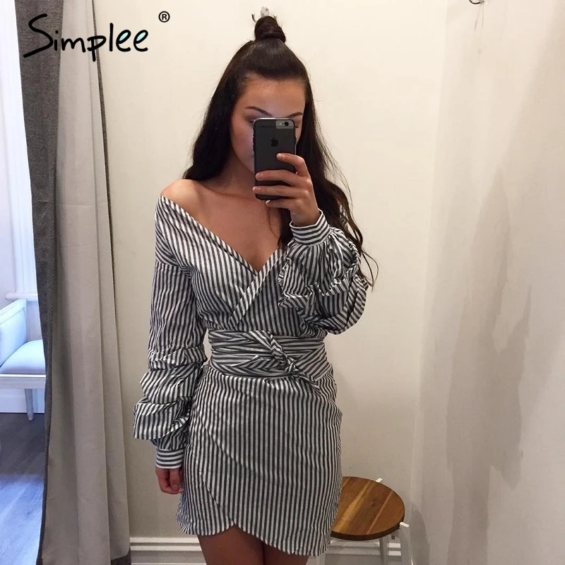 Simplee платье с открытыми плечами и рукавами фонариками женское в синюю полоску