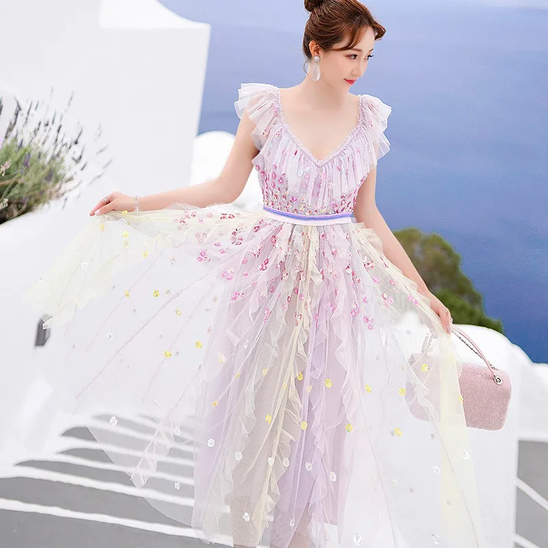 Boho роскошное подиумное Радужное Полосатое миди платье на бретелях женское летнее сексуальное с v-образным вырезом Бисероплетение расшитое блестками пляжная сетчатая одежда