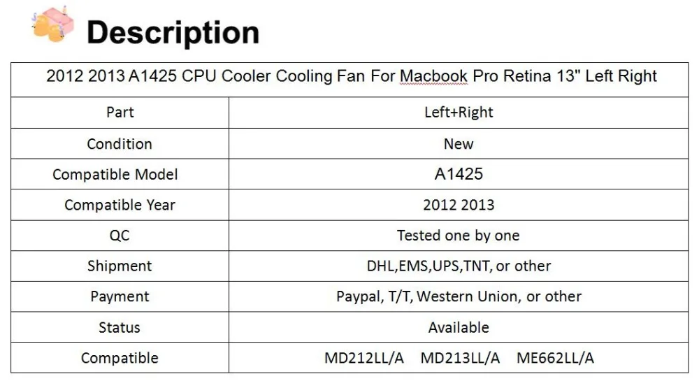 2012 2013 ноутбук A1425 cpu кулер охлаждающий вентилятор для Macbook Pro retina 1" левый и правый