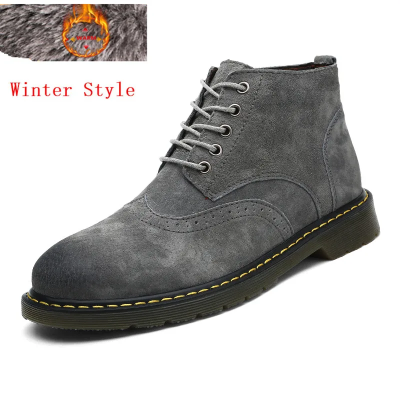 Gray with fur CcharmiX/мужские Ботильоны модная весенне-Осенняя обувь, мужская обувь из замши с круглым носком повседневные зимние ботинки на шнуровке Большие размеры - Цвет: Gray with fur