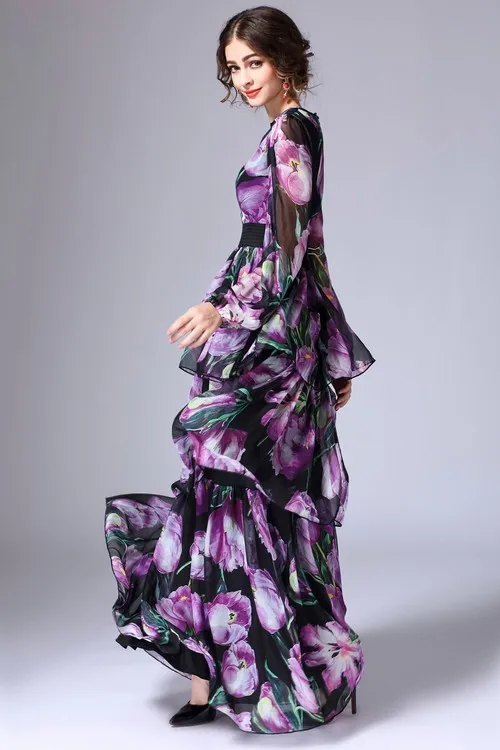 Женское длинное платье-тюльпан LD LINDA DELLA, подиумное винтажное многоярусное платье макси с длинным рукавом, с цветочным принтом, весна