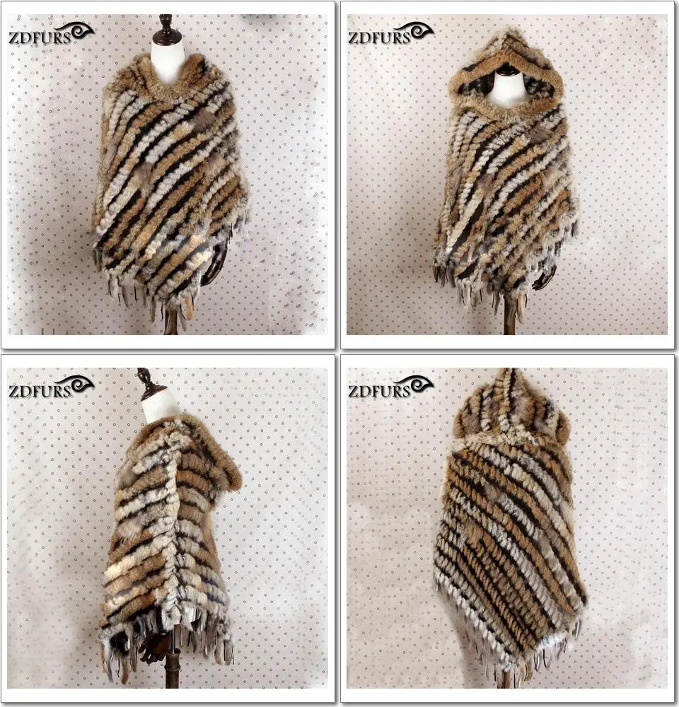 ZDFURS* Горячая Распродажа, Вязаное пончо из кроличьего меха с капюшоном, женская вязаная накидка из кроличьего меха, накидка с капюшоном, ZDKR-165007