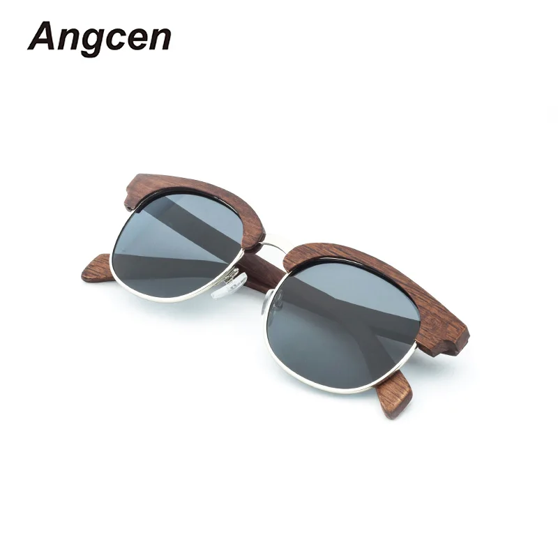 Angcen, винтажные деревянные солнцезащитные очки, мужские, женские, поляризационные, зеркальные, полуоправа, солнцезащитные очки, ручная работа, деревянные очки, UV400, бамбуковые солнцезащитные очки