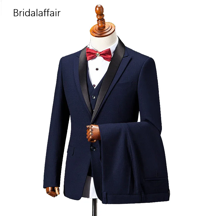 

Bridalaffair Fashion Mens Suits Prom Wedding Groom Suit 3Pcs (Jacket+Pants+Vest) Navy Blue Slim Fit Formal Luxurious Men Tuxedo