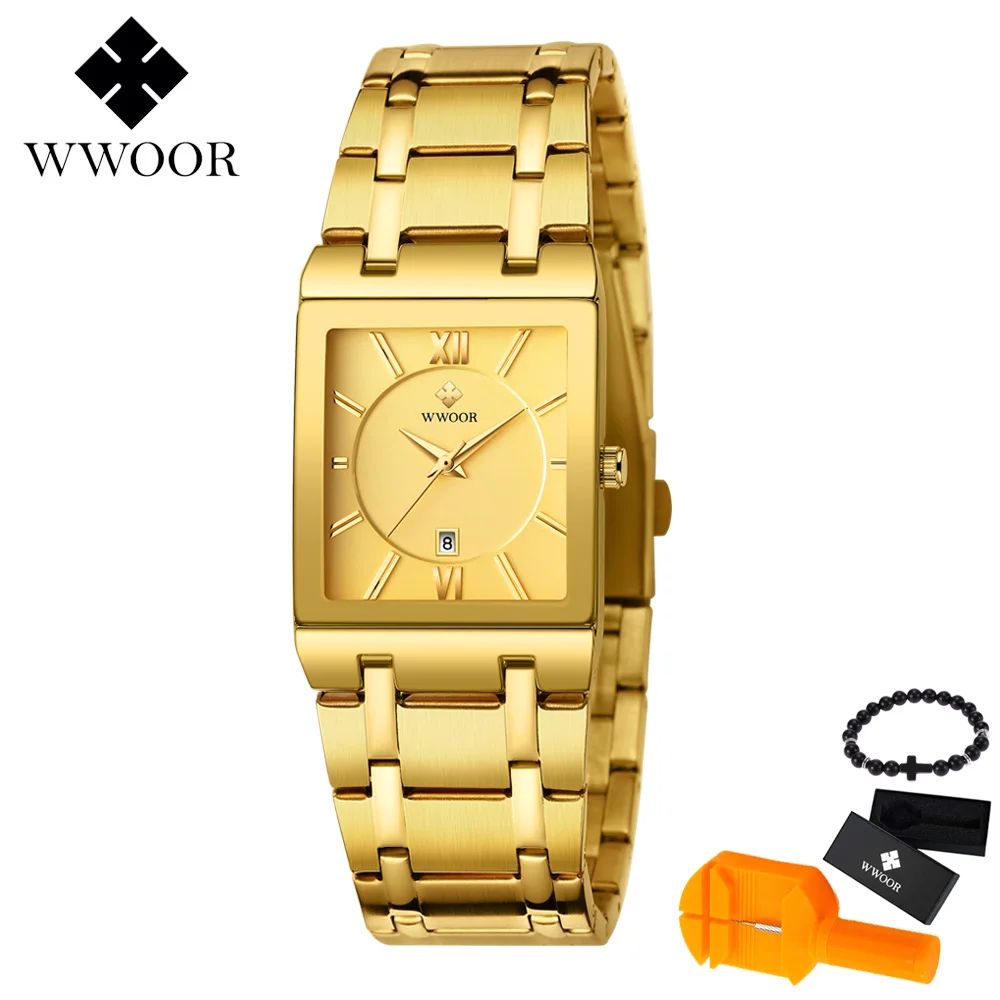 Gold Gifts Новые часы WWOOR Мужские кварцевые брендовые аналоговые военные мужские деловые спортивные часы со стальным ремешком водонепроницаемые часы Relogio Masculino - Цвет: Gold Gifts
