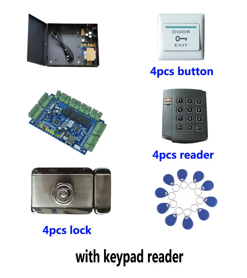 Комплект контроля доступа, tcp/ip четыре двери контроля доступа + PowerCase + Интеллектуальный отключения блокировки + ID читателя + кнопка выхода + 10